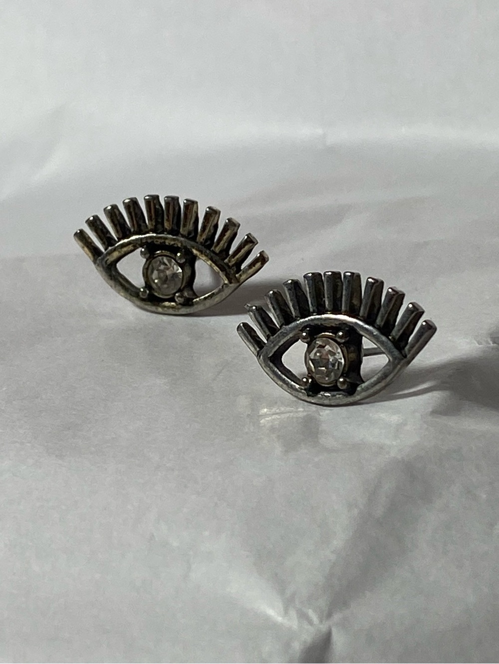 Silver Eye Stud Earrings with Crystal Center